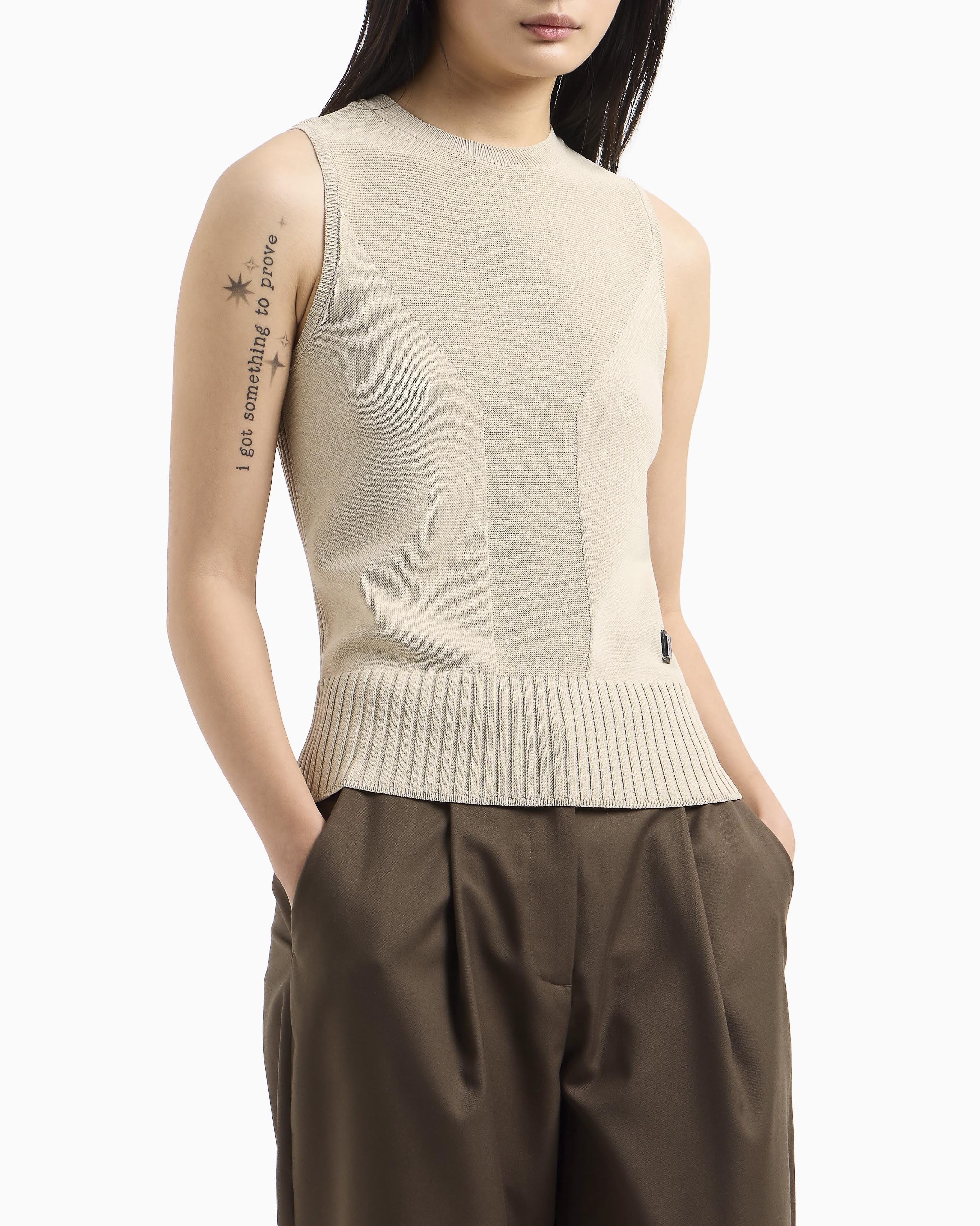 Maglia beige senza maniche in viscosa con inserto lavorato a punto Linz