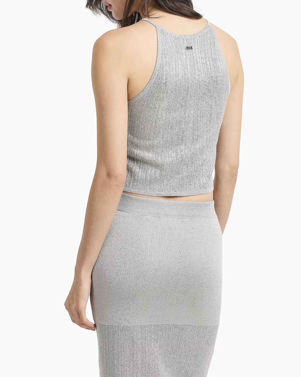 Crop top argento effetto laminato in misto viscosa a costine