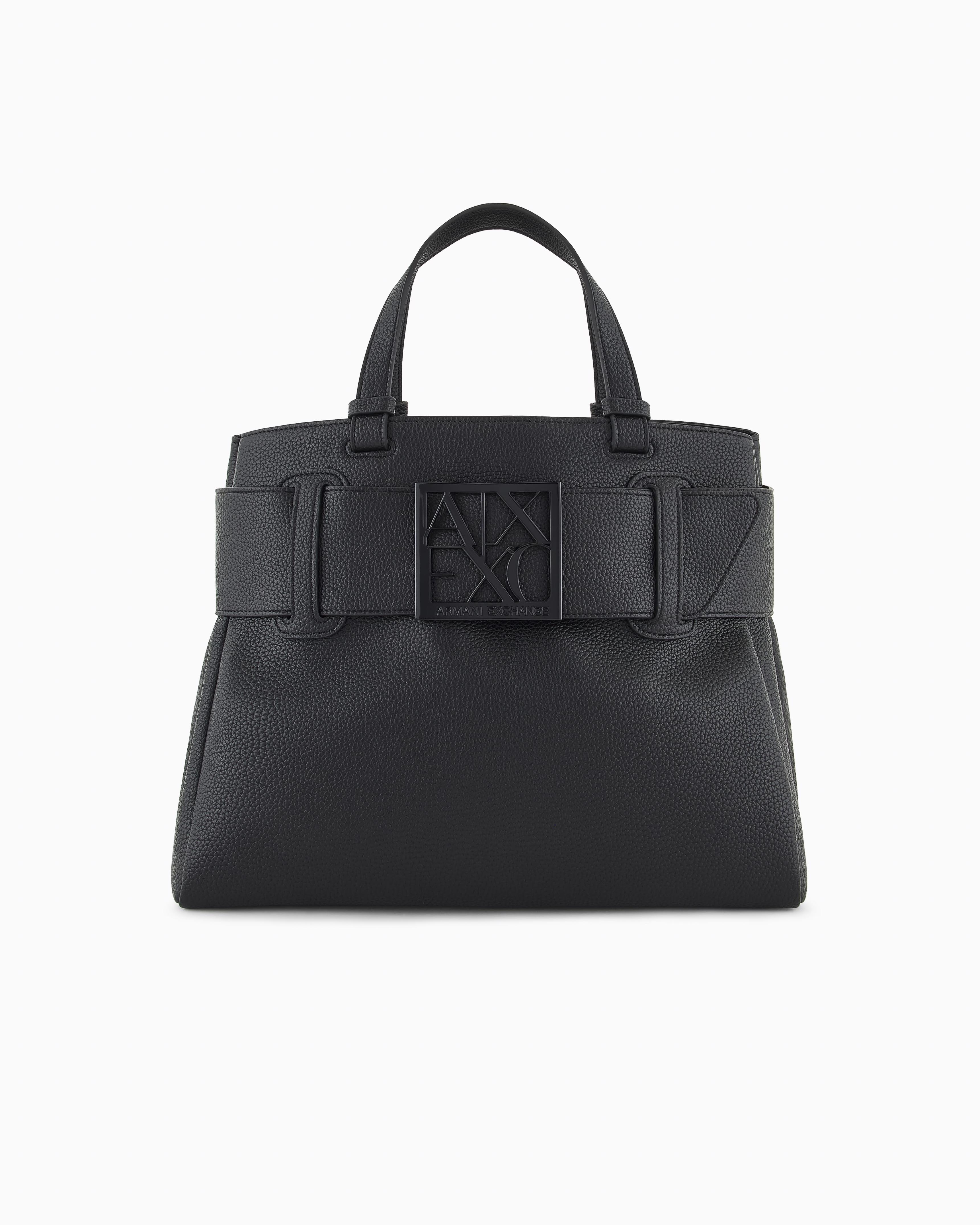 Borsa a mano piccola nera Exchange in similpelle martellata con maxi fibbia logo tono su tono