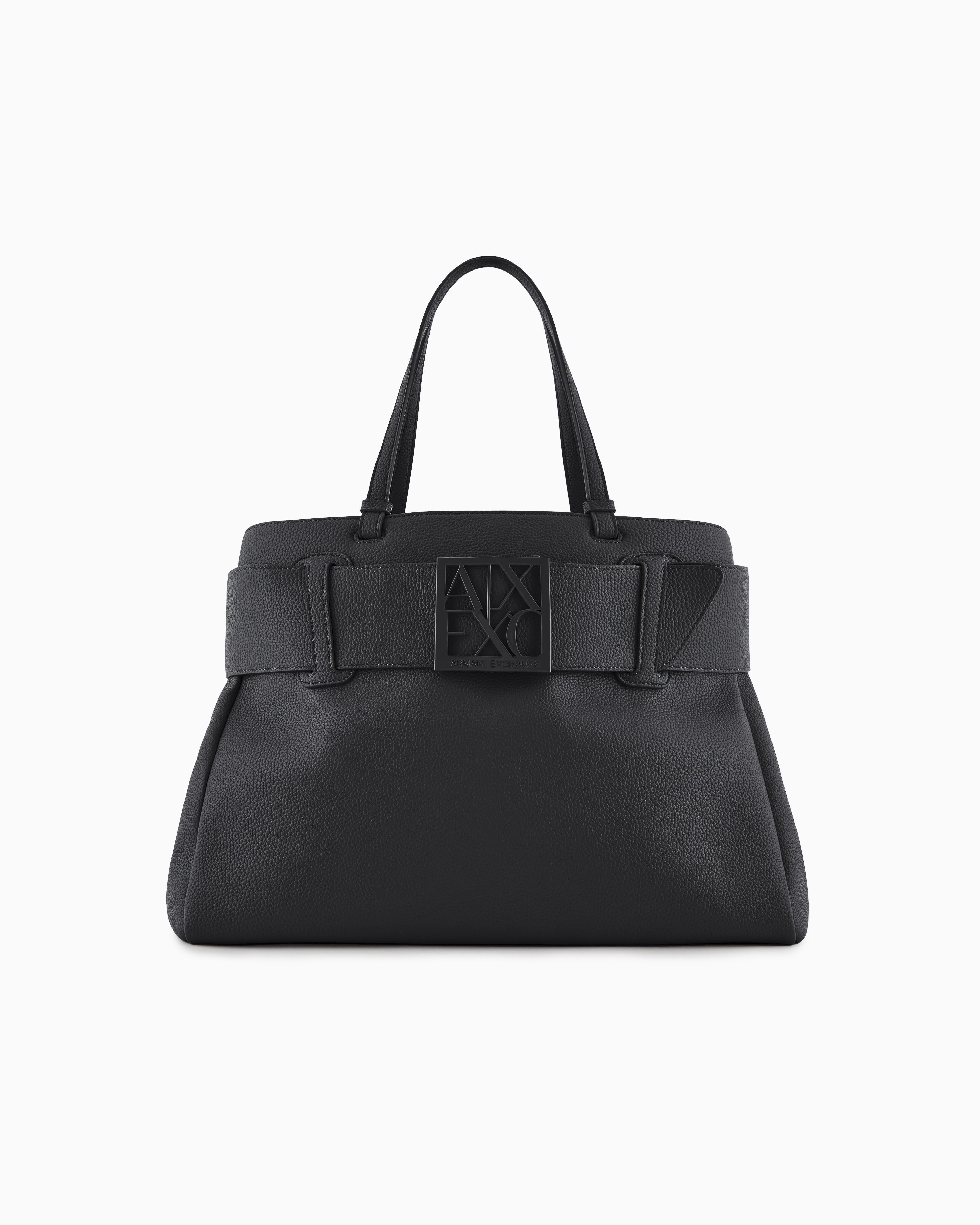 Borsa a spalla grande nera Exchange in similpelle martellata con maxi fibbia logo tono su tono