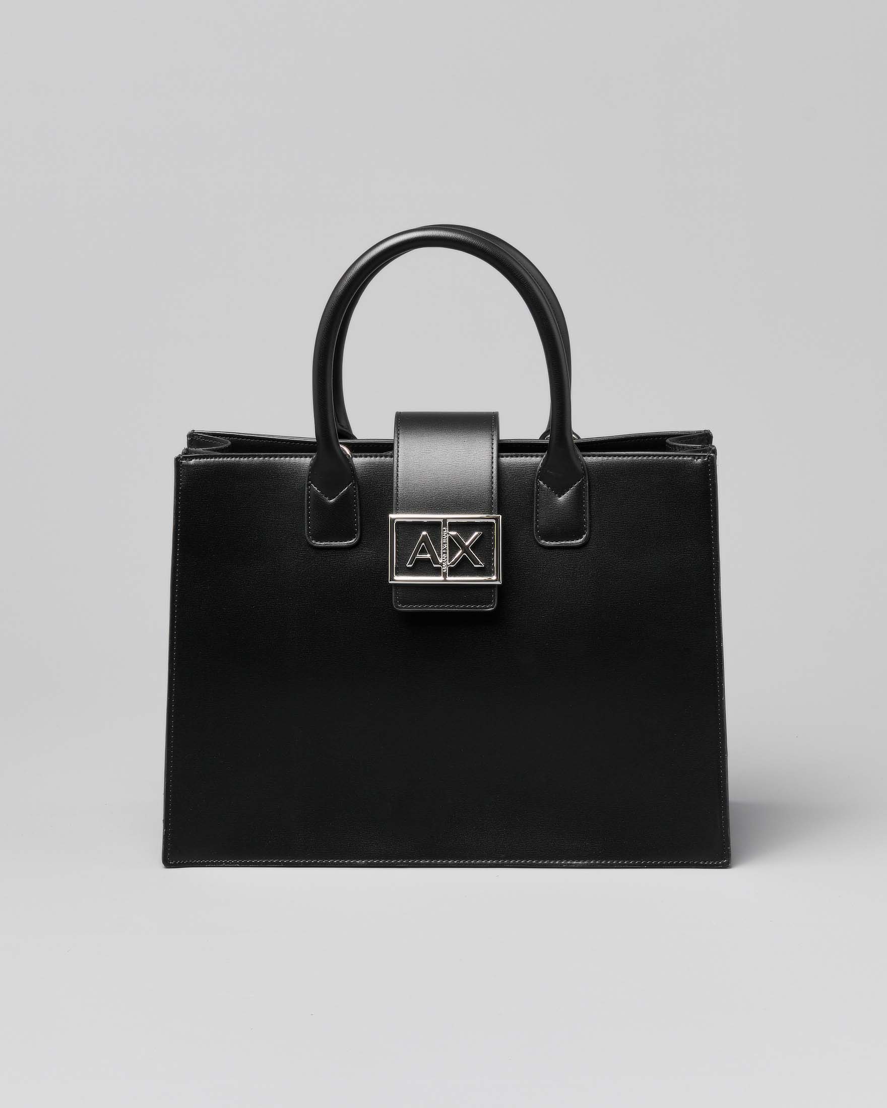 Borsa a mano nera Exchange in similpelle con chiusura a listino con fibbia logo in metallo