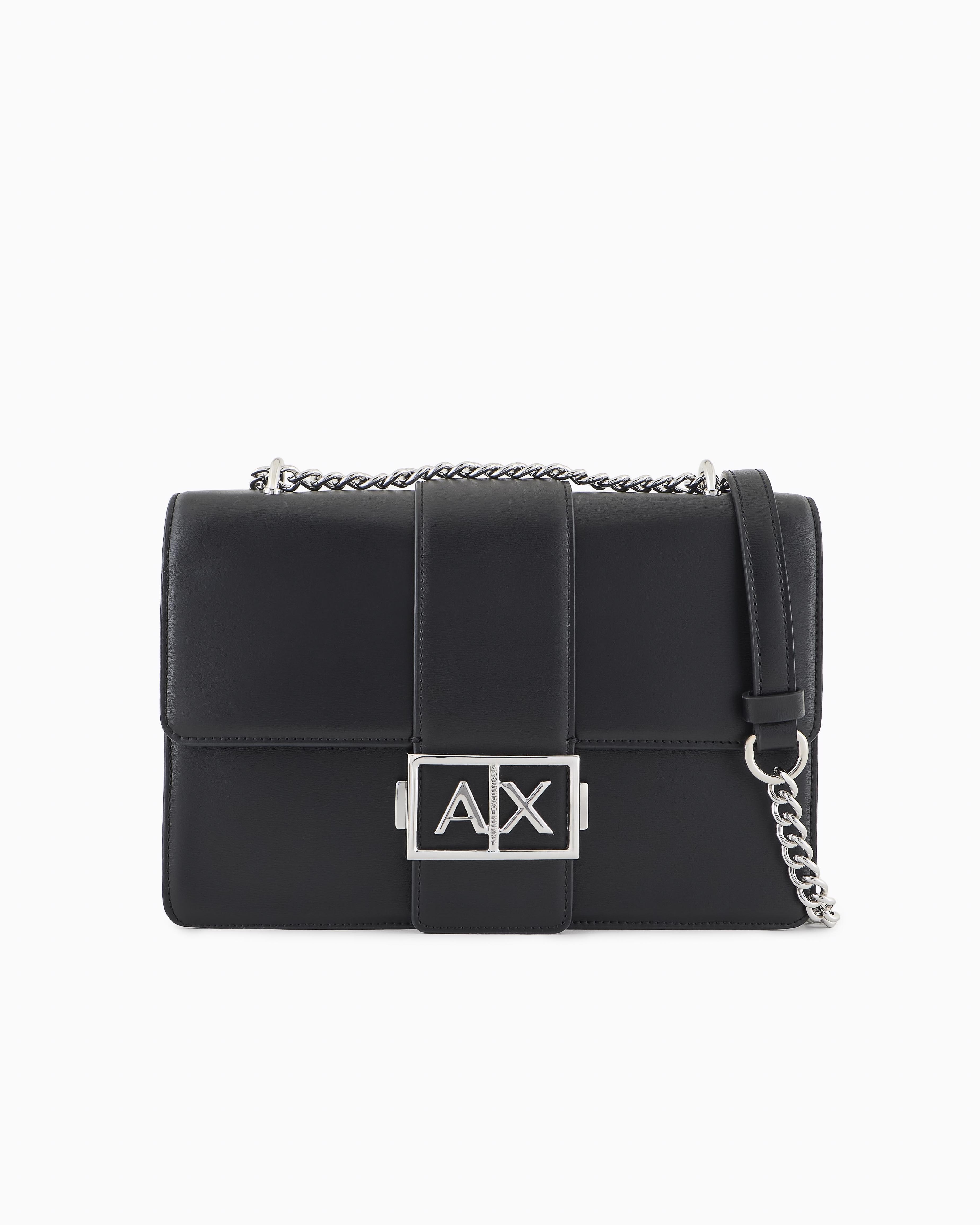 Borsa Exchange a tracolla nera in similpelle liscia con patta e fibbia logo in metallo argento