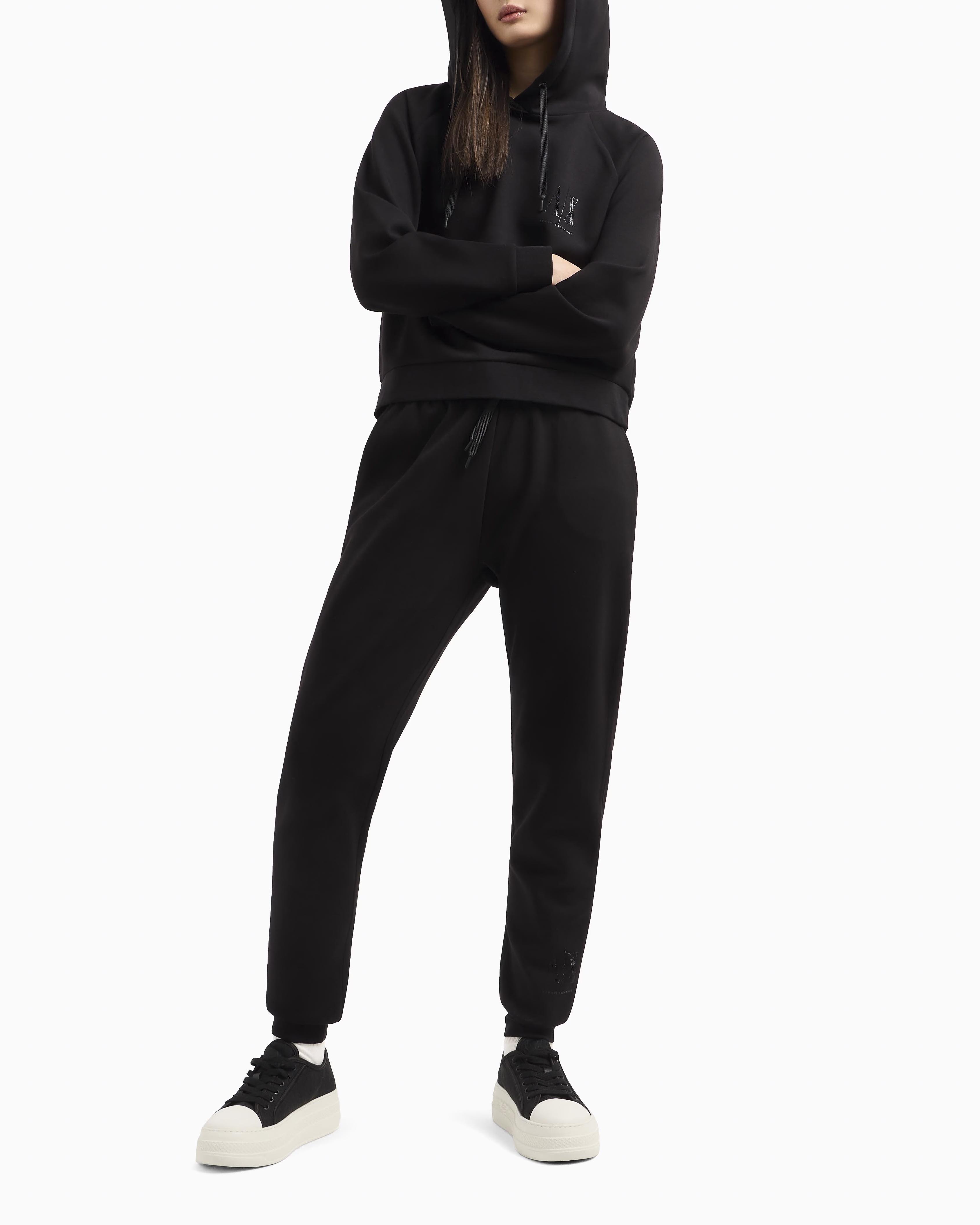 Felpa nera cropped Armani Exchange in misto viscosa con cappuccio con maxi logo in strass image