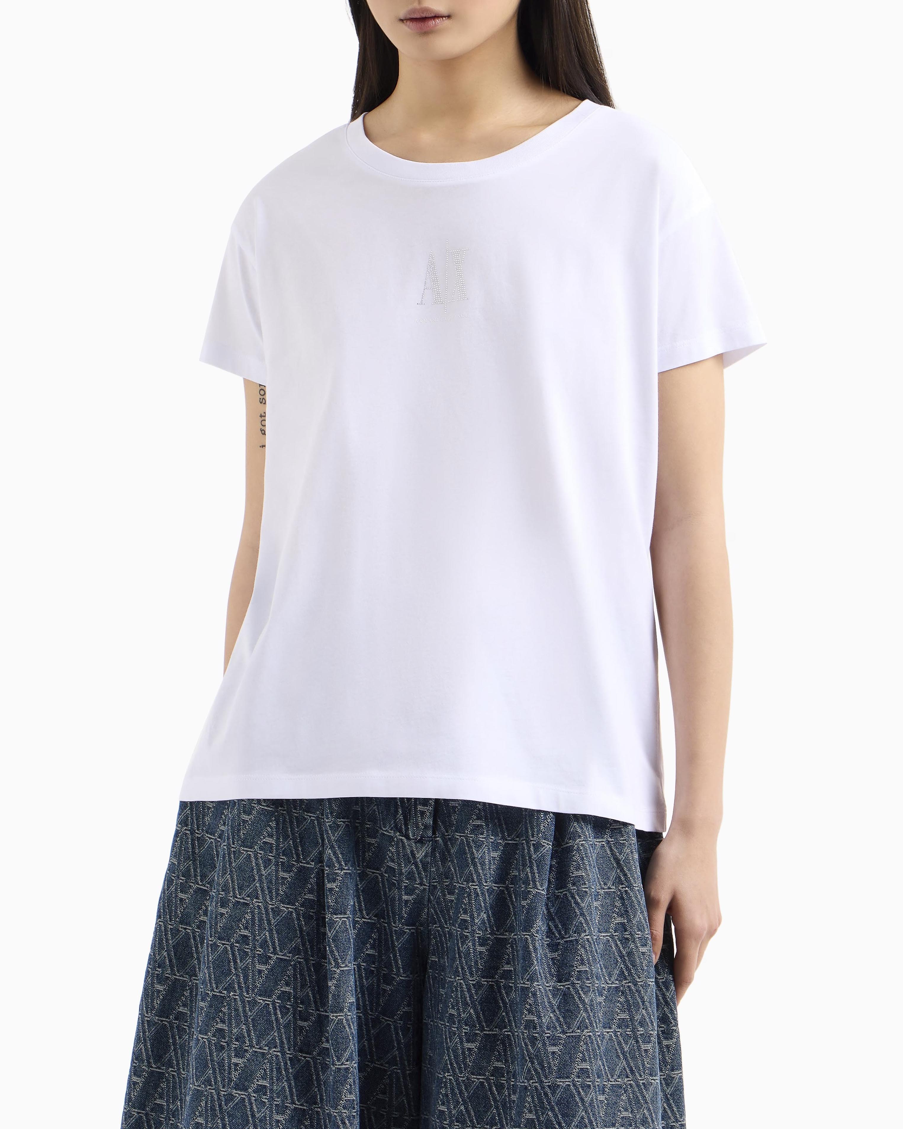 T-shirt bianca relaxed-fit Exchange in jersey di puro cotone con logo in strass