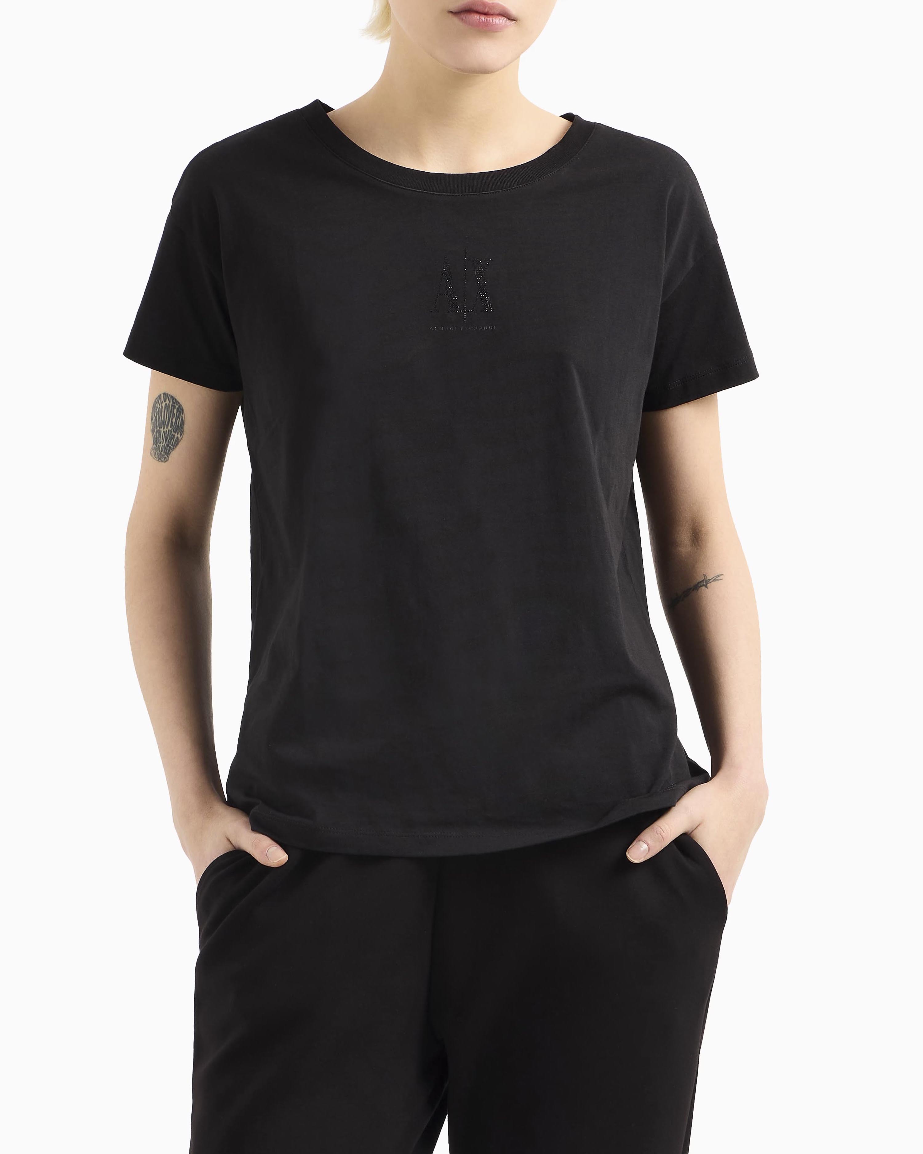 T-shirt nera relaxed-fit Exchange in jersey di puro cotone con logo piccolo in strass centrale sul petto