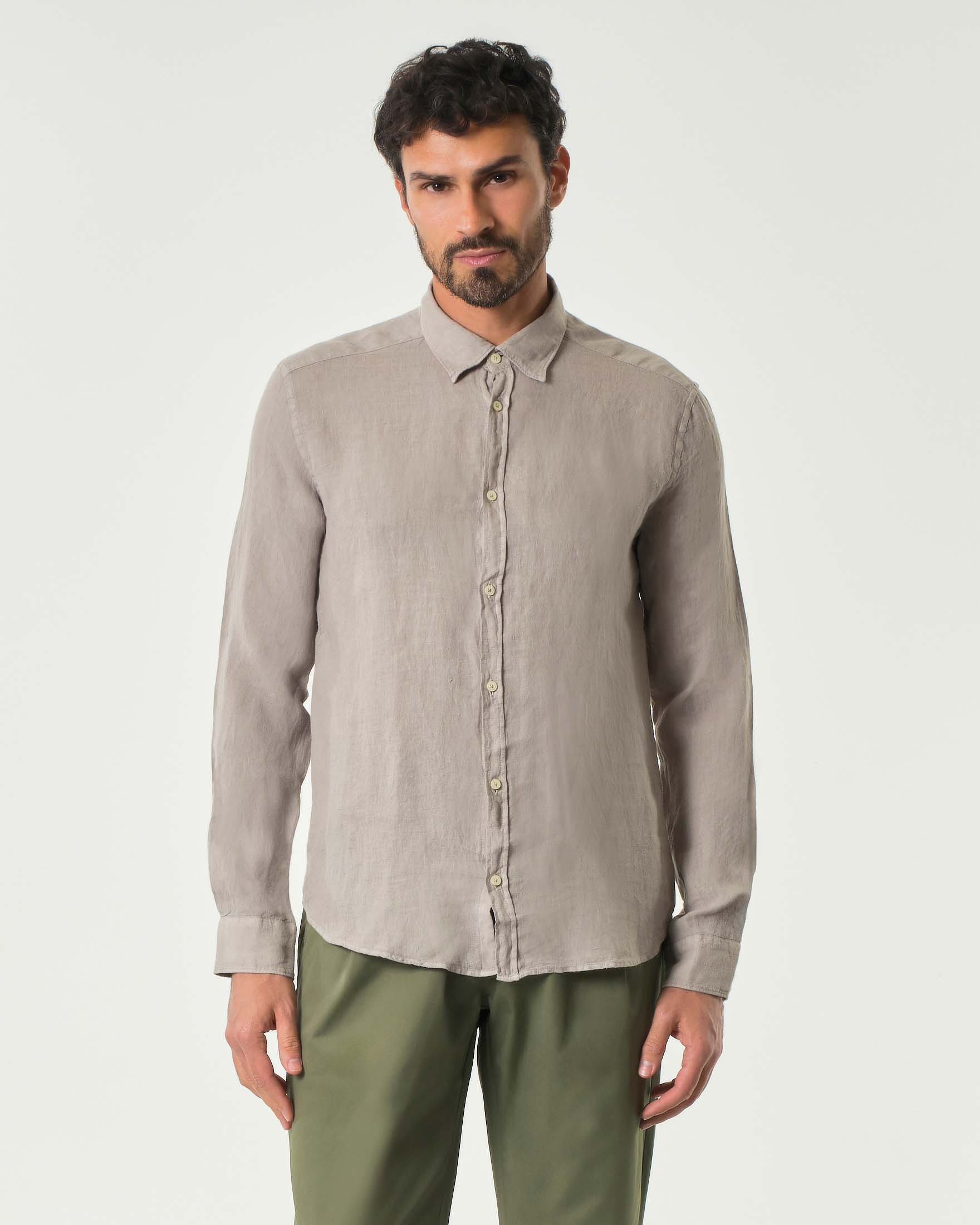 Camicia color noce in puro lino con colletto classico all'italiana