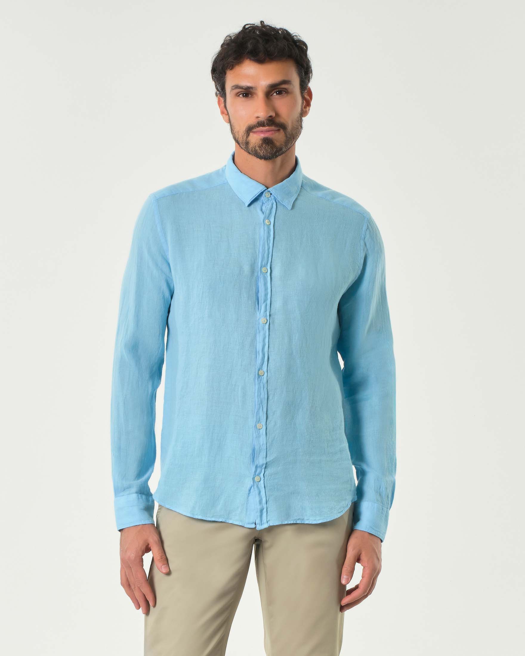 Camicia azzurra in puro lino con colletto classico all'italiana