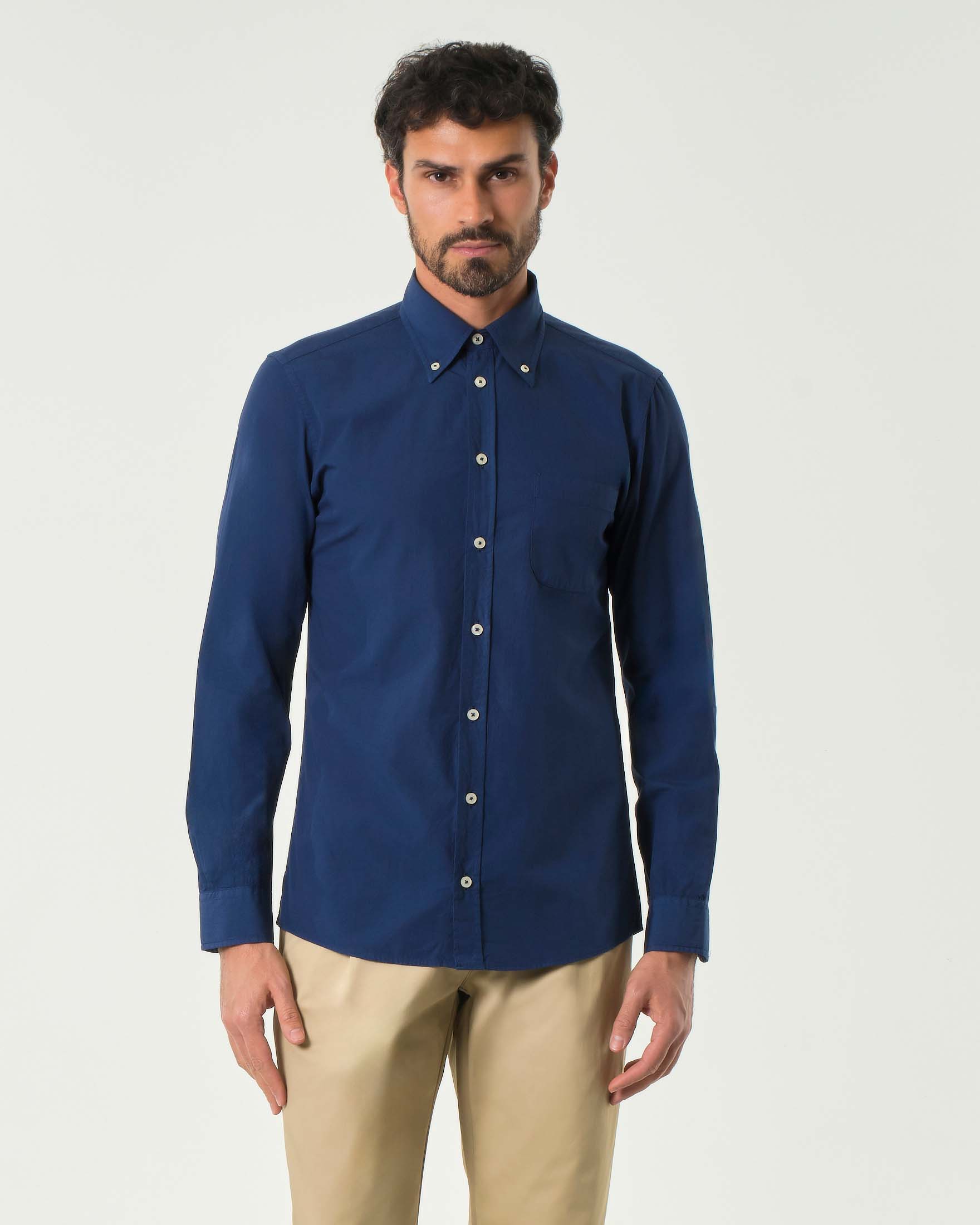 Camicia blu button down in popeline di puro cotone