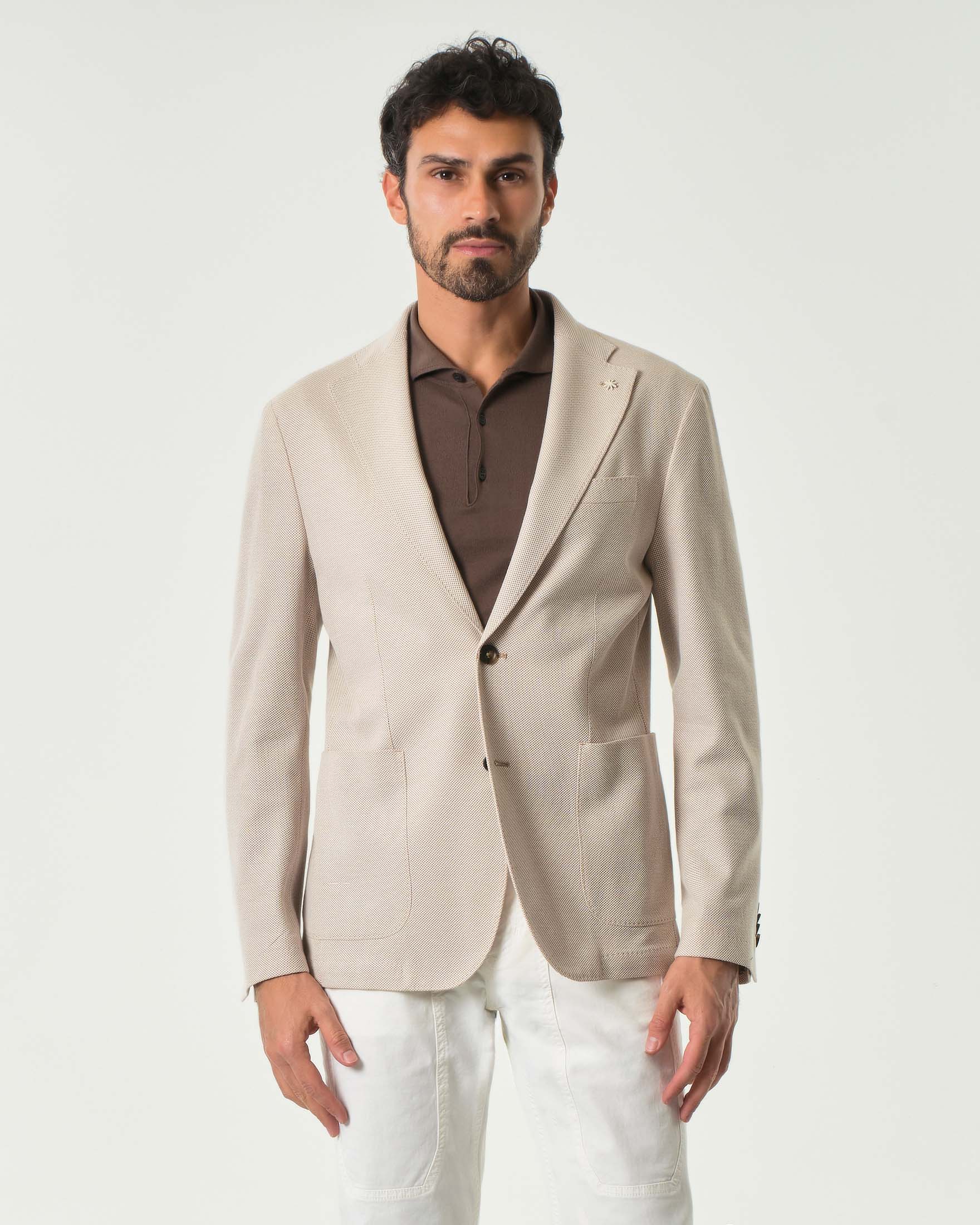 Blazer beige in jersey di puro cotone micro armatura
