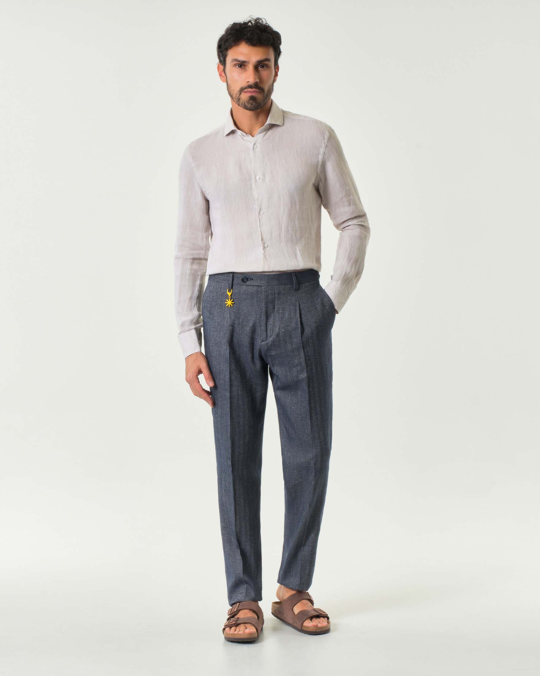 Pantalone chino blu in resca di cotone e lino