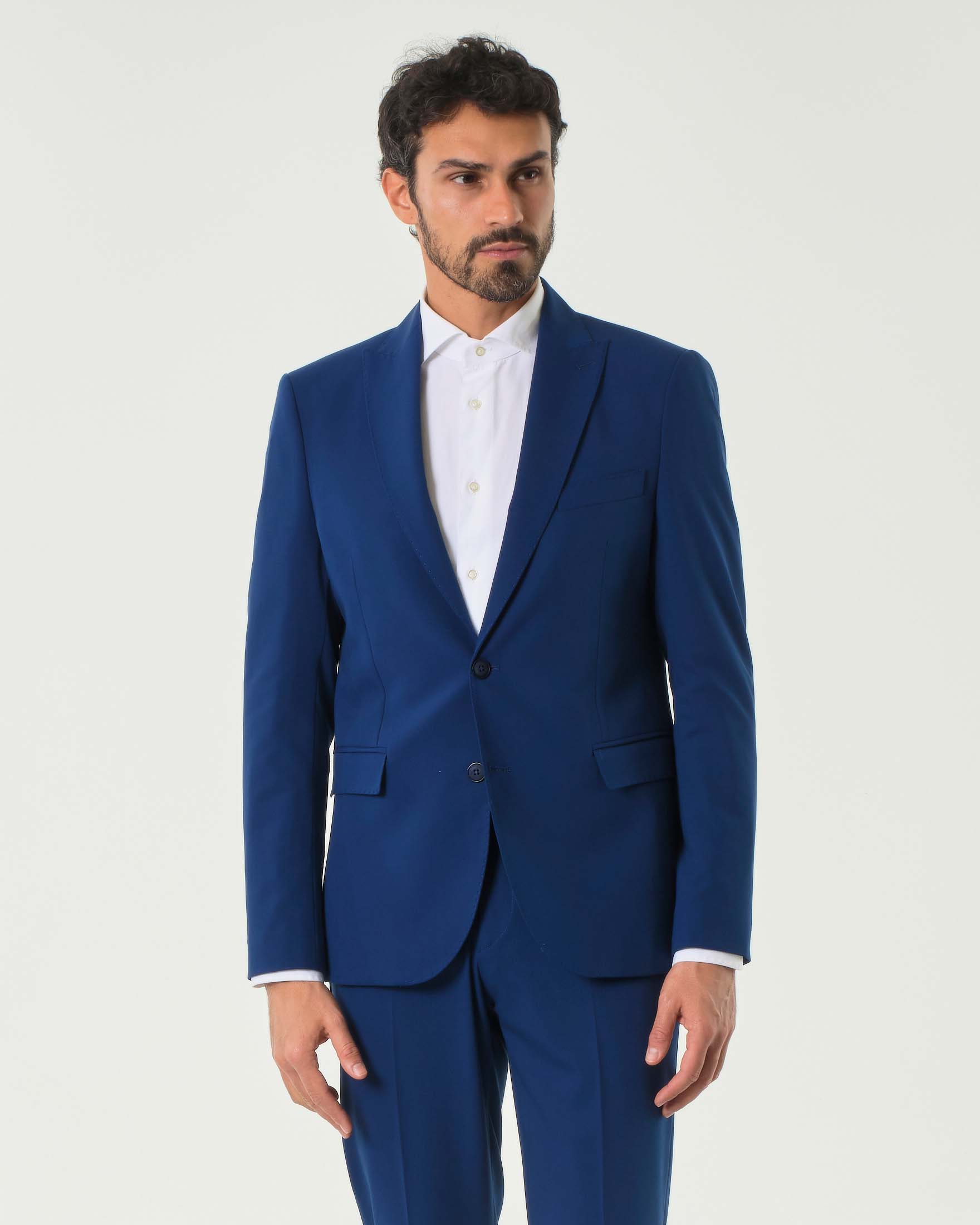 Abito blu royal in tela di viscosa stretch con rever a lancia