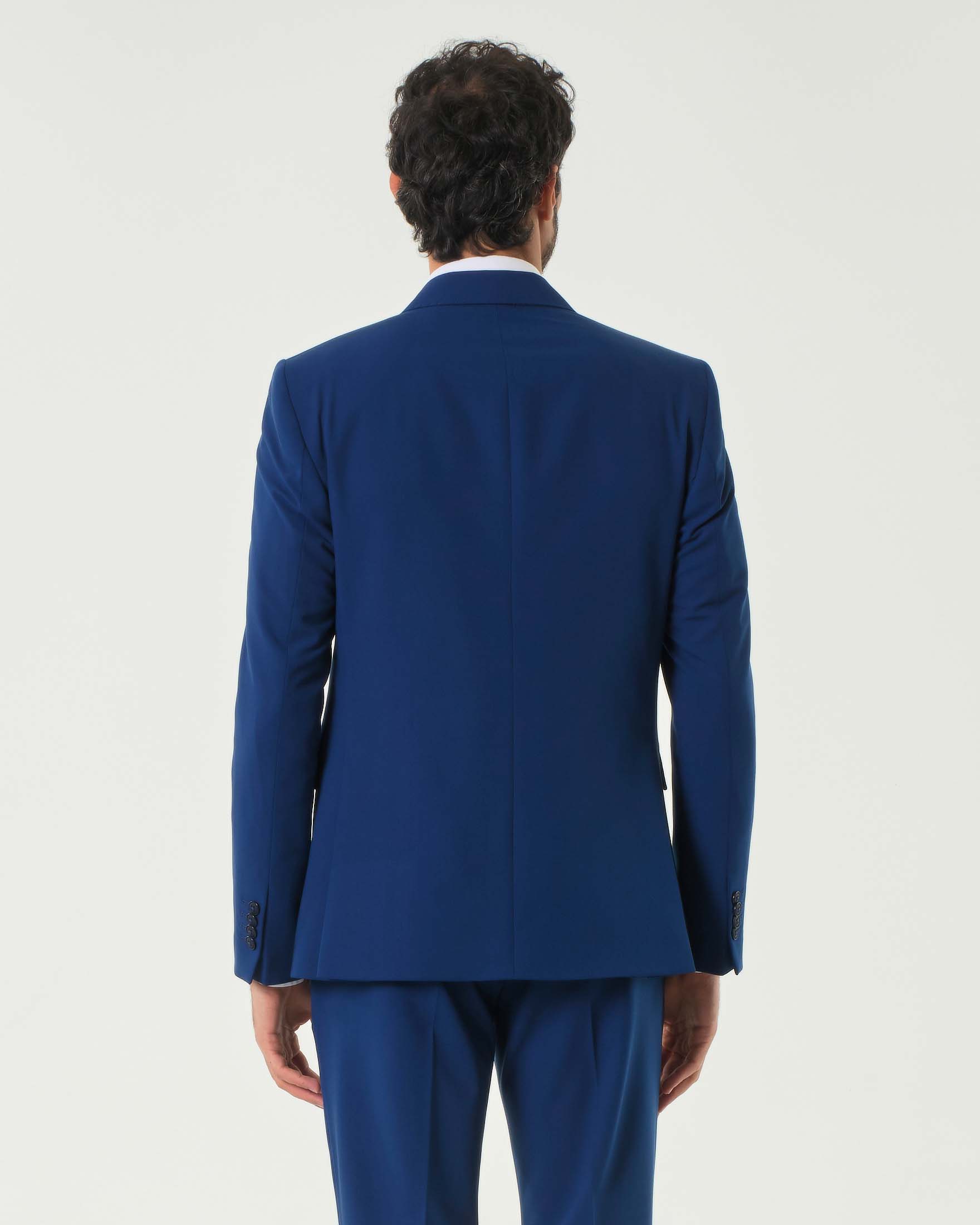 Abito blu royal in tela di viscosa stretch con rever a lancia