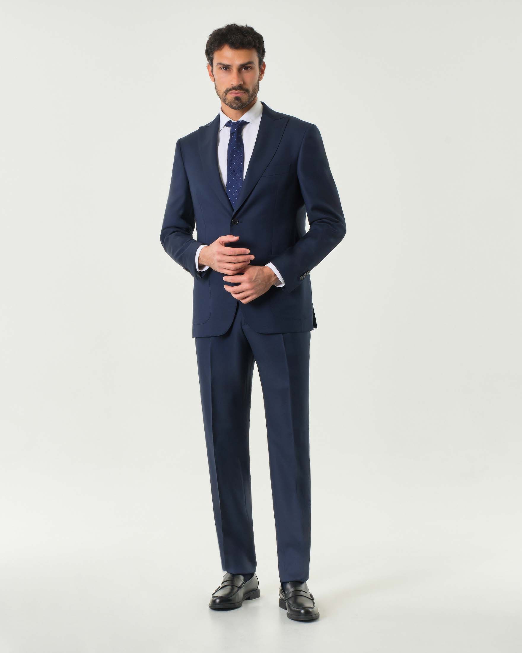 Abito Pellizzari drop6 blu indaco in tela di pura lana con rever a lancia