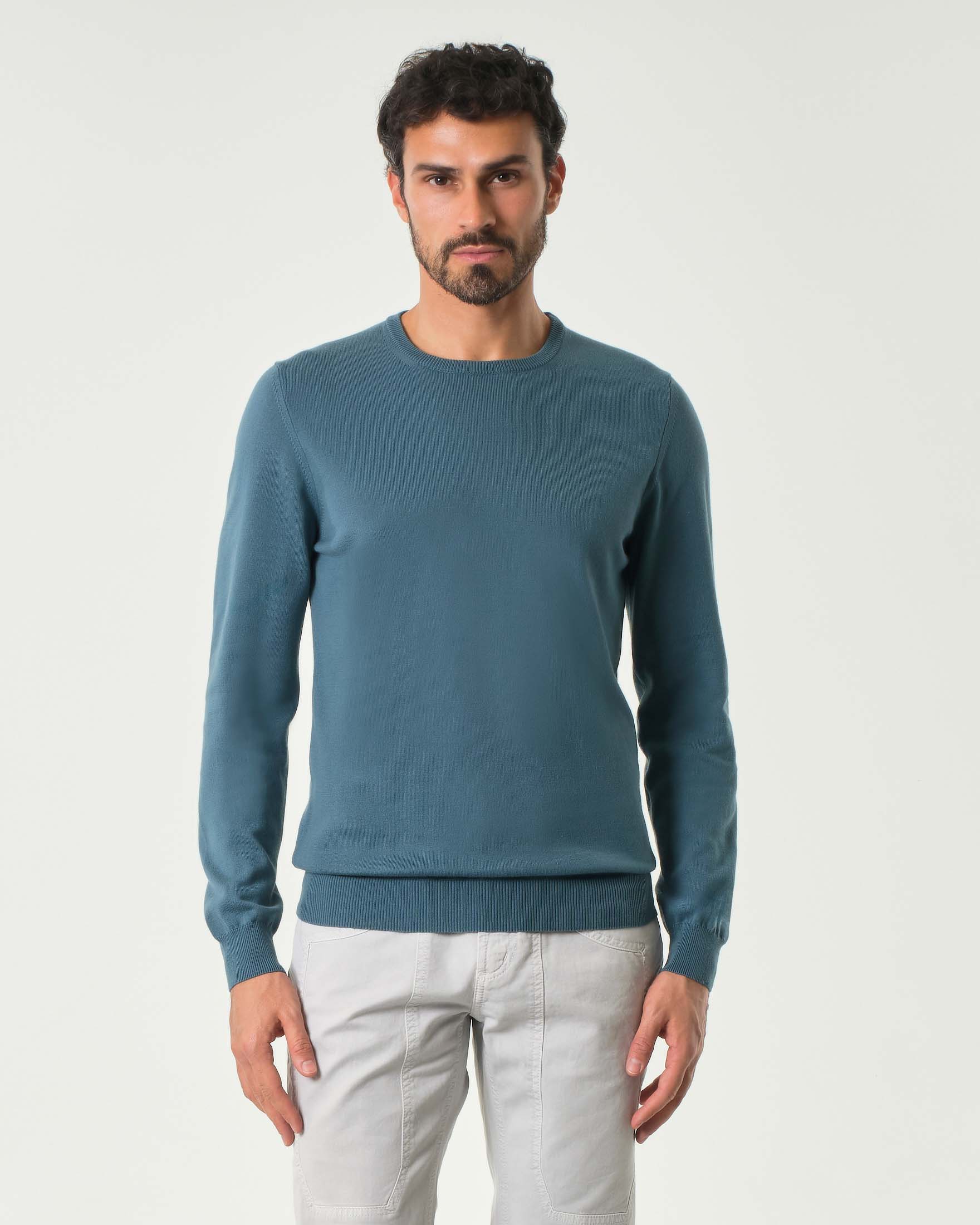 Maglia girocollo ottanio in puro cotone made in Italy