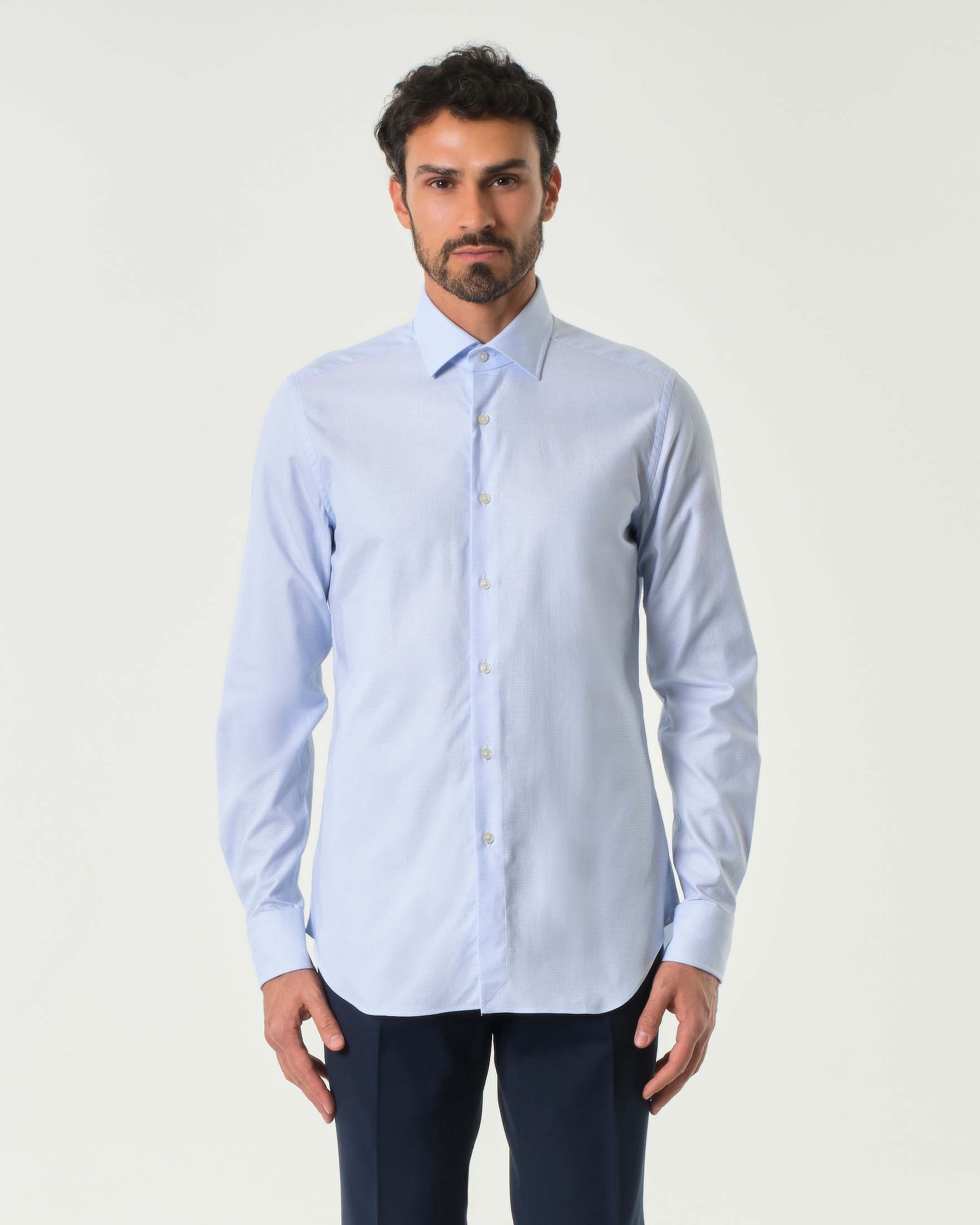 Camicia azzurra micro quadretto in puro cotone tailor fit image
