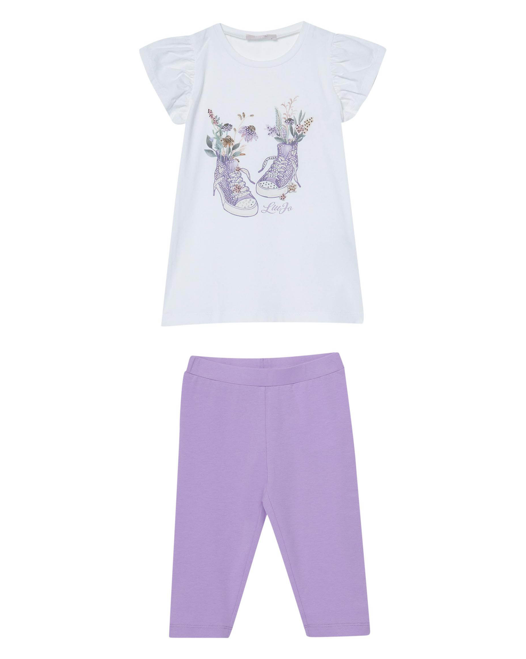 Completo t-shirt bianca e leggins lilla con stampa scarpe e fiori con strass