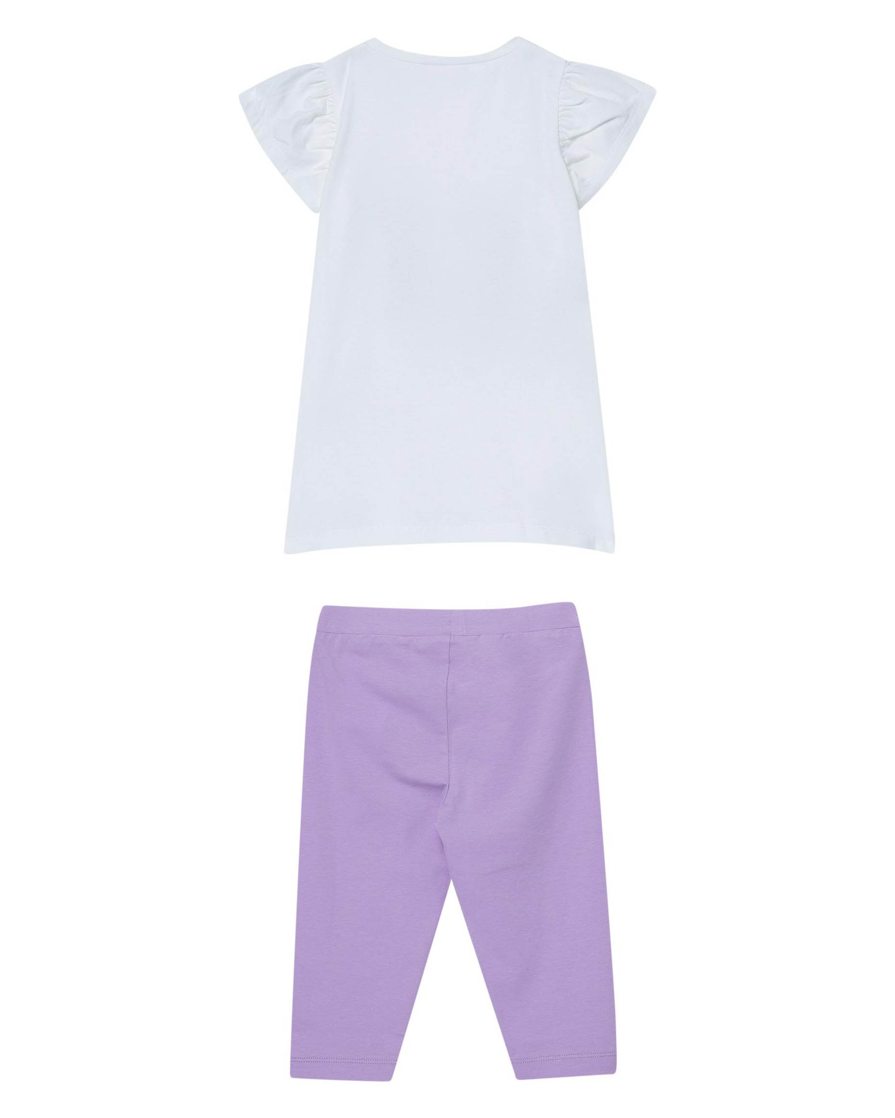 Completo t-shirt bianca e leggins lilla con stampa scarpe e fiori con strass image