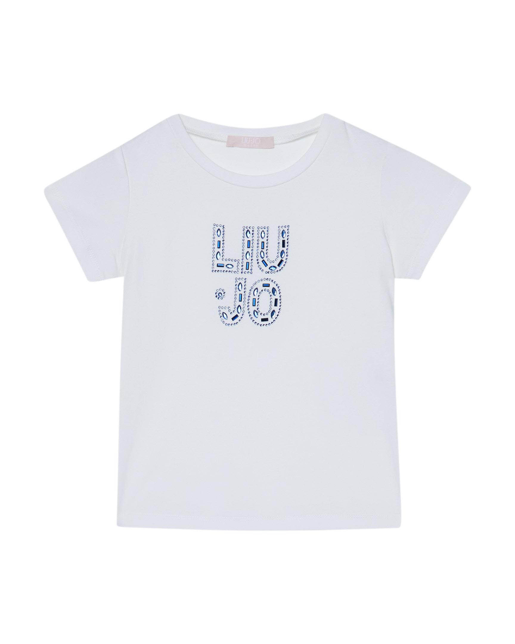T-shirt bianca mezza manica con logo in perline e strass