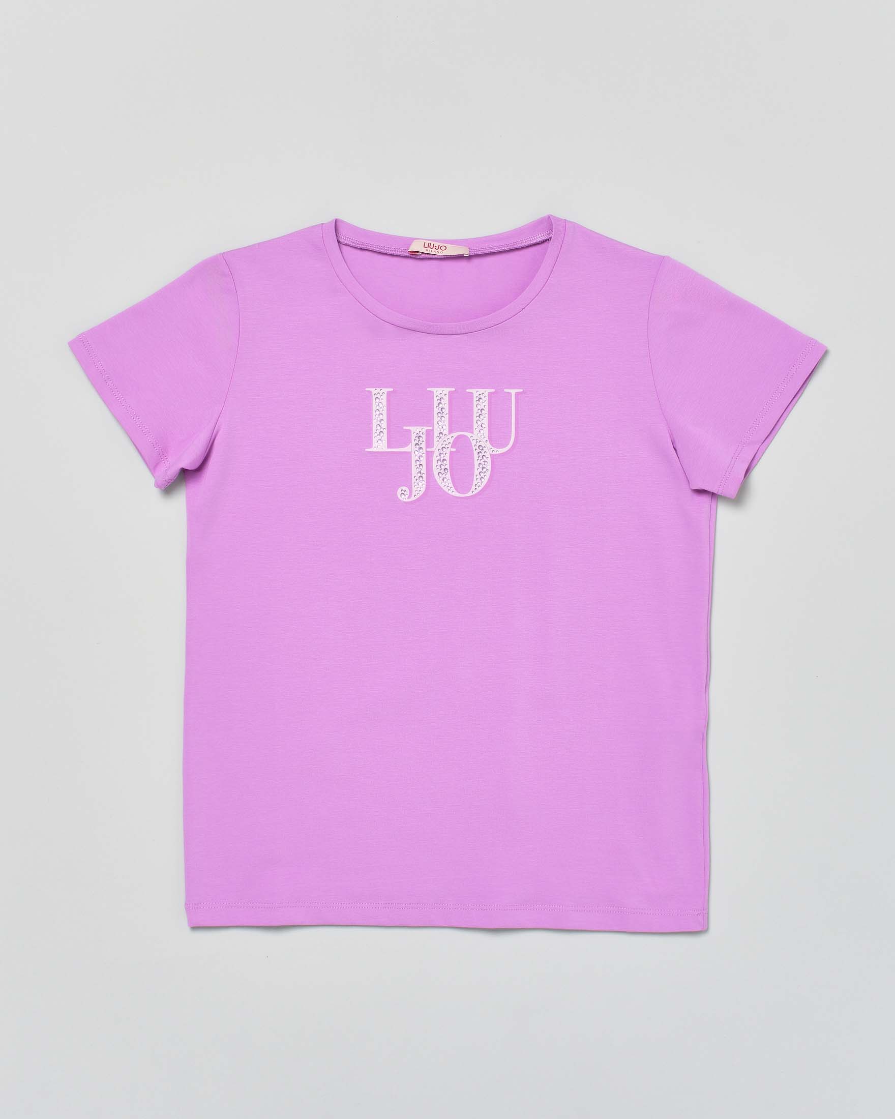 T-shirt lilla mezza manica con logo in strass