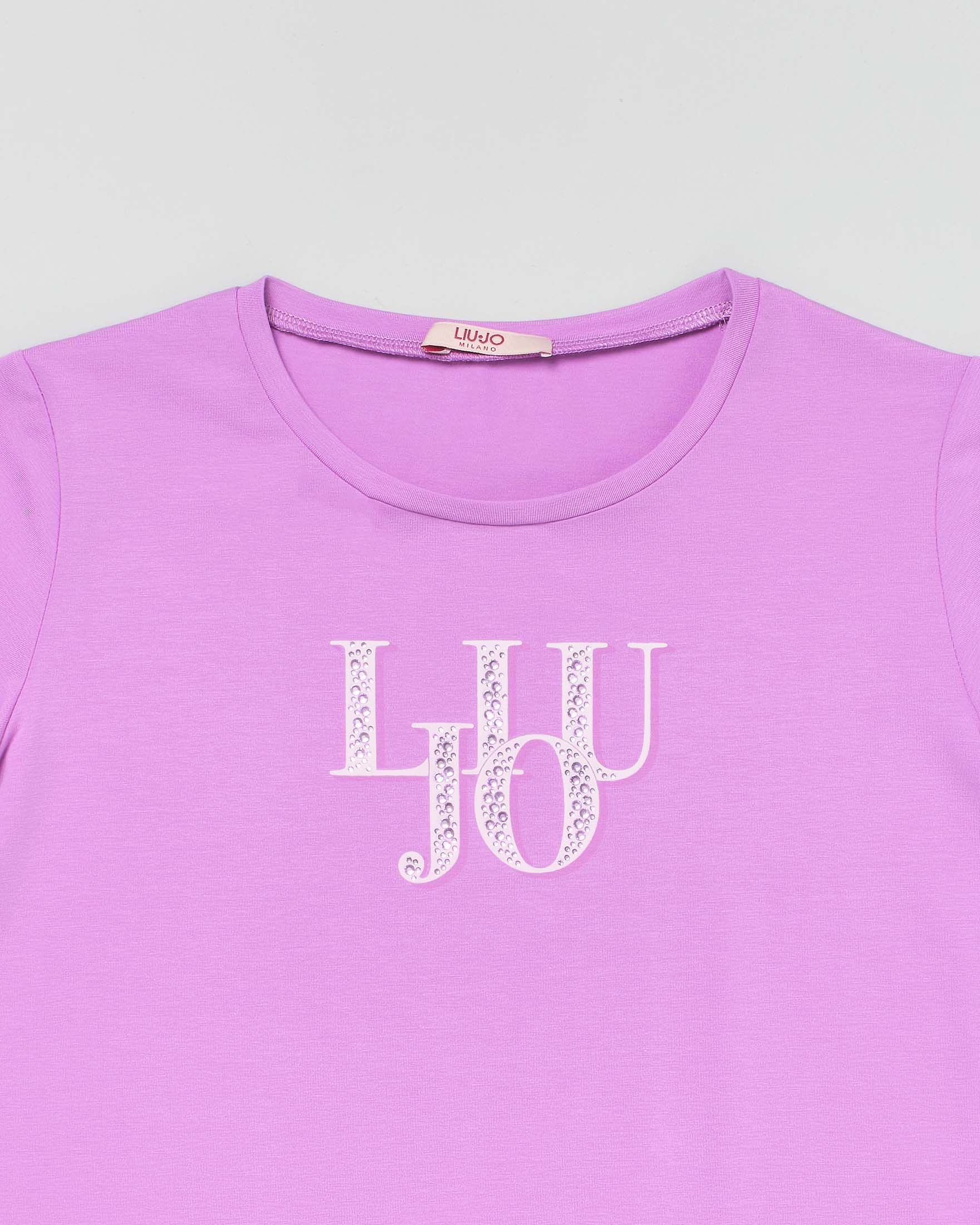 T-shirt lilla mezza manica con logo in strass image