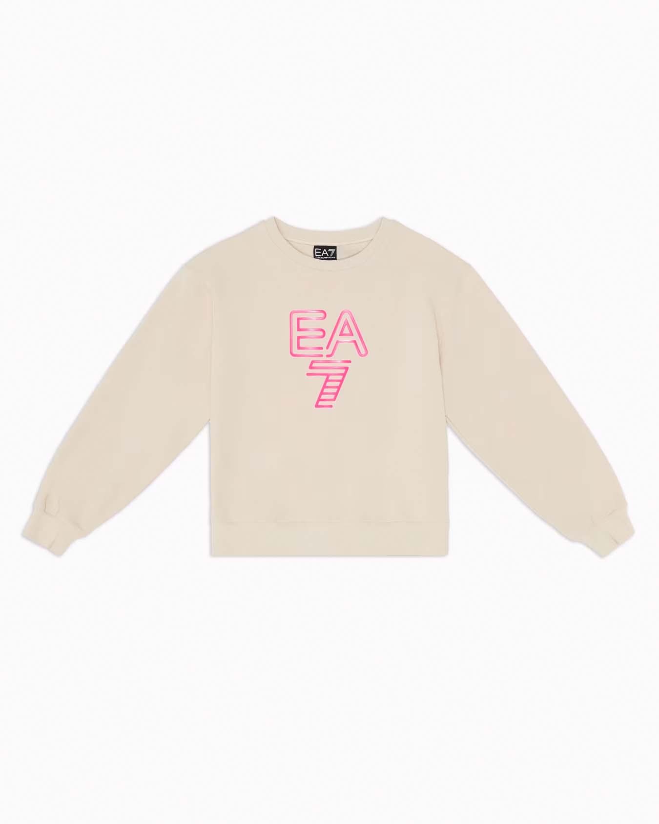 Felpa beige girocollo in cotone stretch a maniche lunghe con logo fucsia