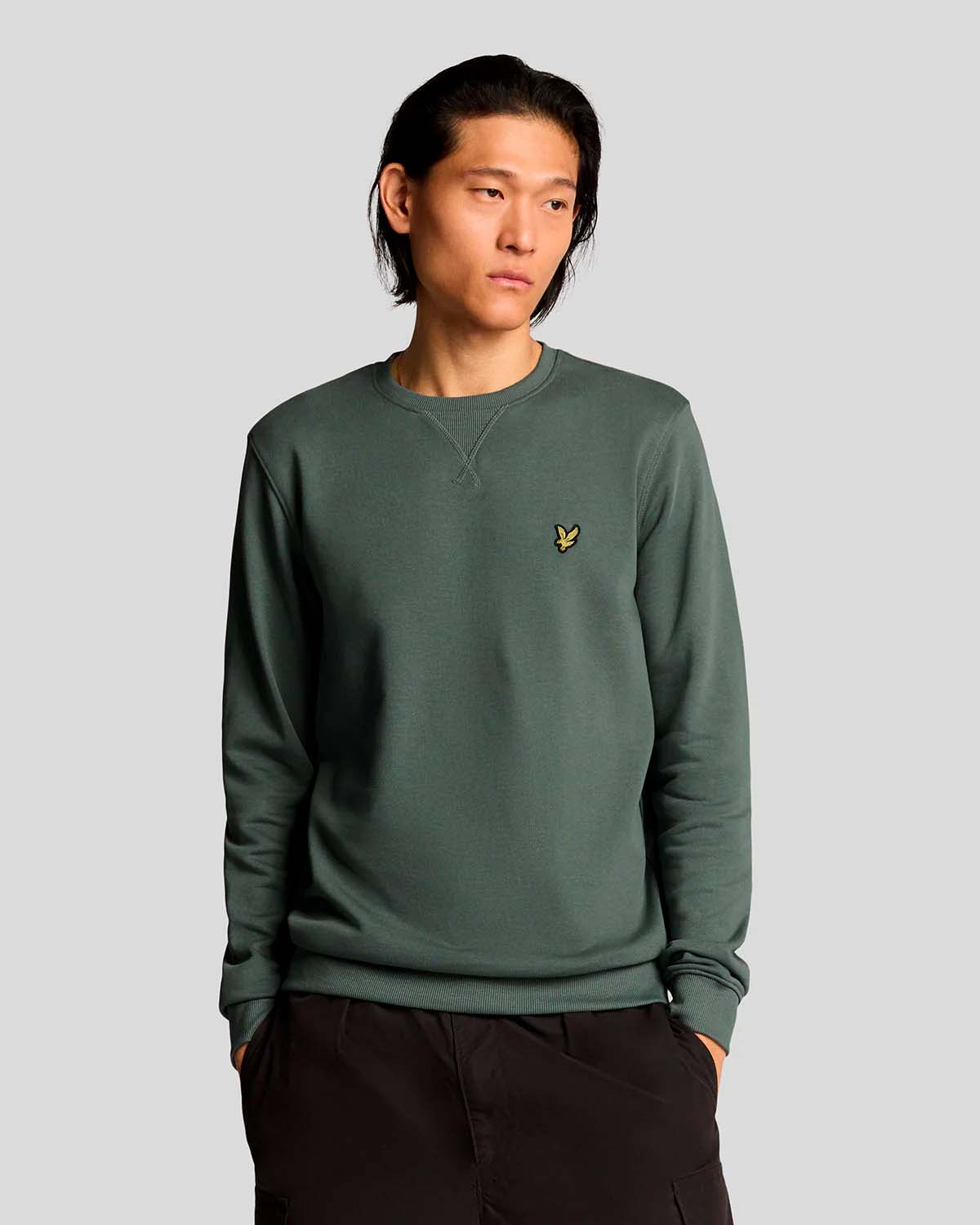 Felpa verde militare girocollo in cotone con logo aquila gialla sul petto