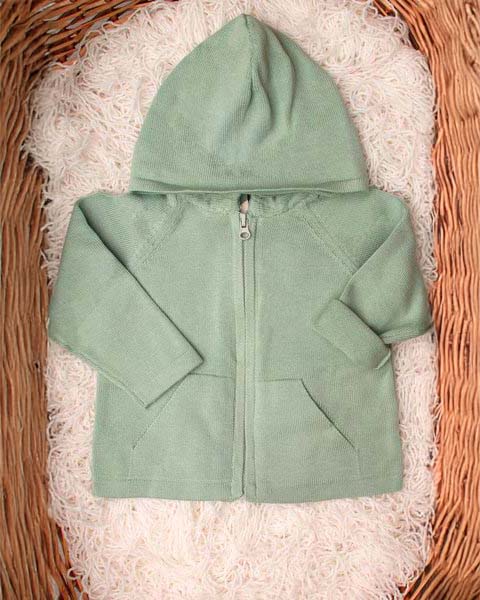 Felpa color salvia con zip e cappuccio in cotone bio