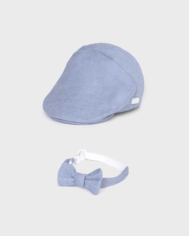 Set coppola e papillon azzurri in misto cotone e lino