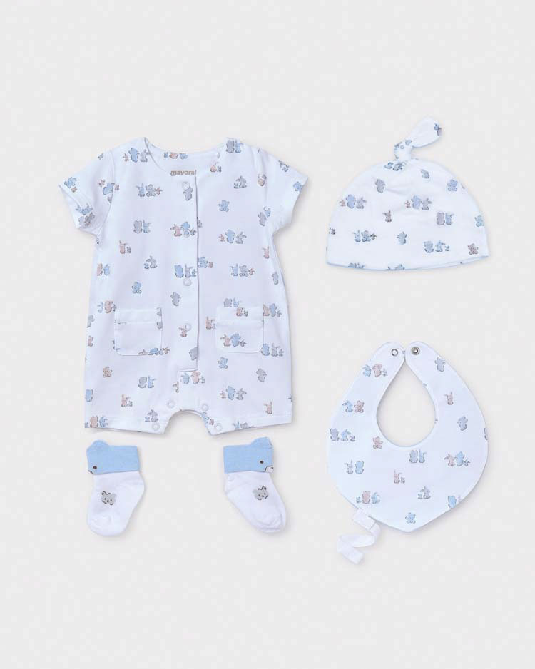 Tutina bianca e azzurra con set 3 pezzi bavaglino calzini e cappellino coordinati