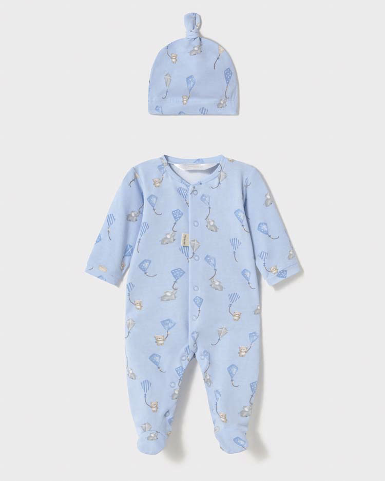 Set tutina azzurra in jersey di cotone con cappellino abbinato in fantasia aquiloni