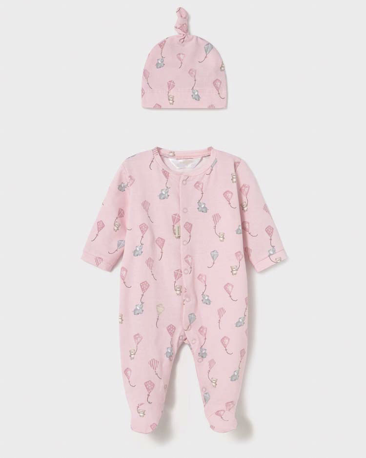 Set tutina rosa in jersey di cotone con cappellino abbinato in fantasia aquiloni