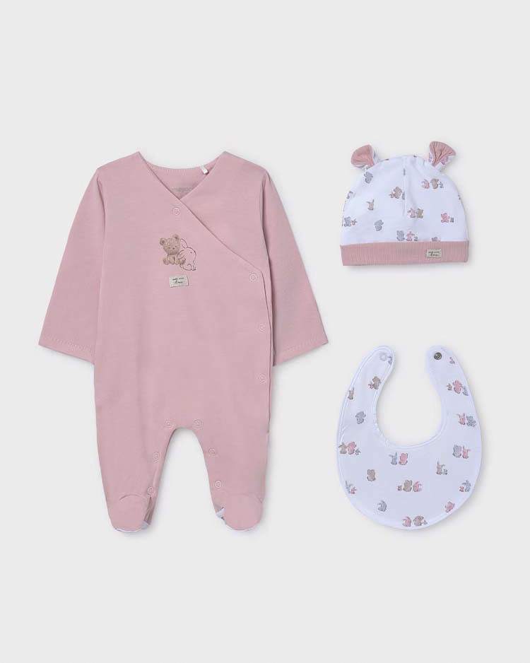 Set tutina cappellino e bavaglino rosa e bianco con fantasia animaletti
