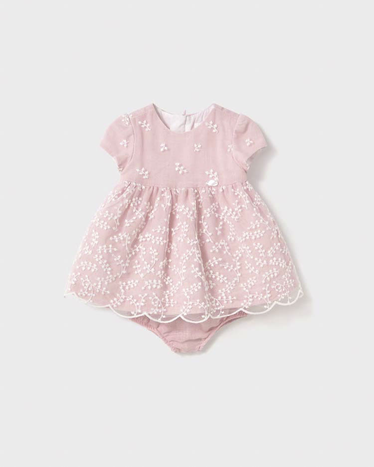 Abito fit and flare rosa con tulle e ricamo a fiori all-over