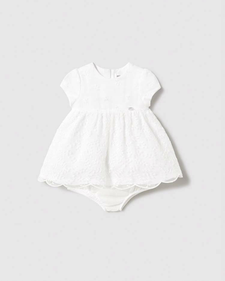 Abito fit and flare bianco con tulle e ricamo a fiori all-over