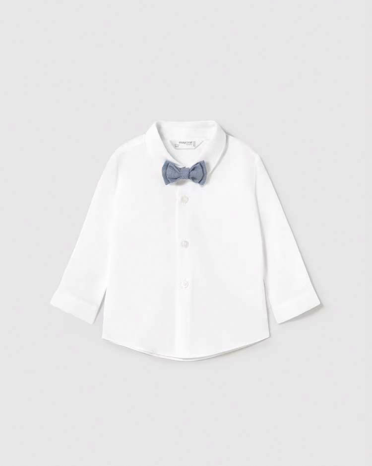 Camicia bianca in popeline di cotone con papillon blu avio in twill