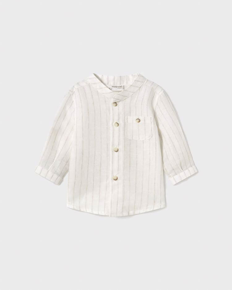 Camicia avorio in misto lino alla coreana con righe beige