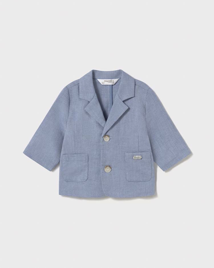 Blazer color avio in cotone e lino micro fantasia con rever classico