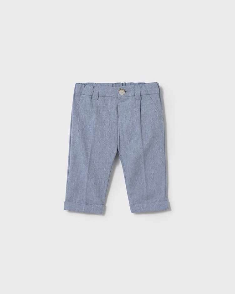 Pantalone color avio in misto cotone e lino a gamba dritta