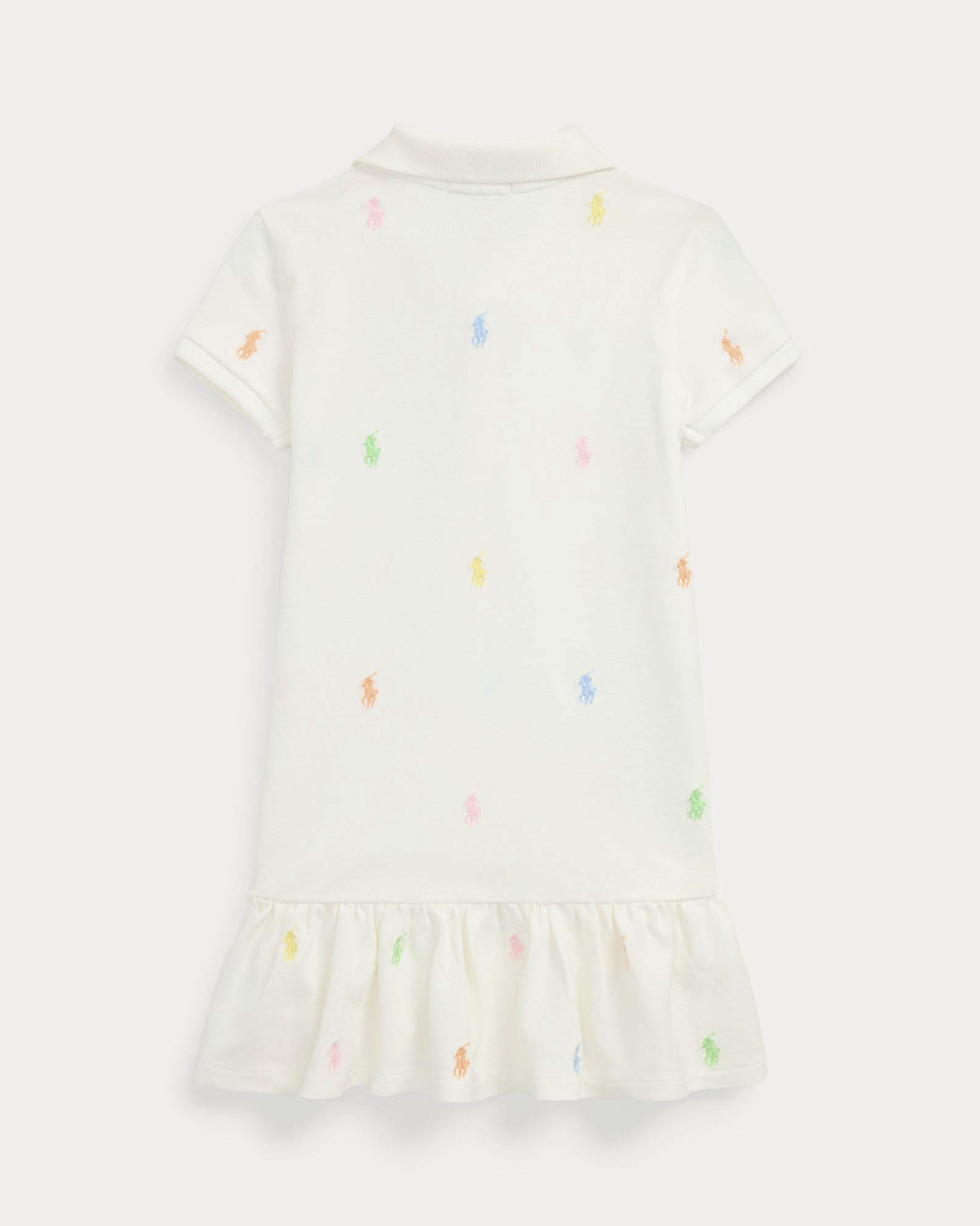 Abito polo bianco con balza e pony multicolor ricamati all over