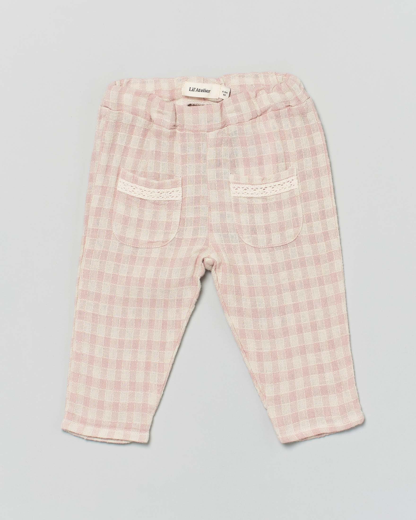 Pantalone a quadretti Lil'Atelier rosa e panna in misto lino con taschine davanti