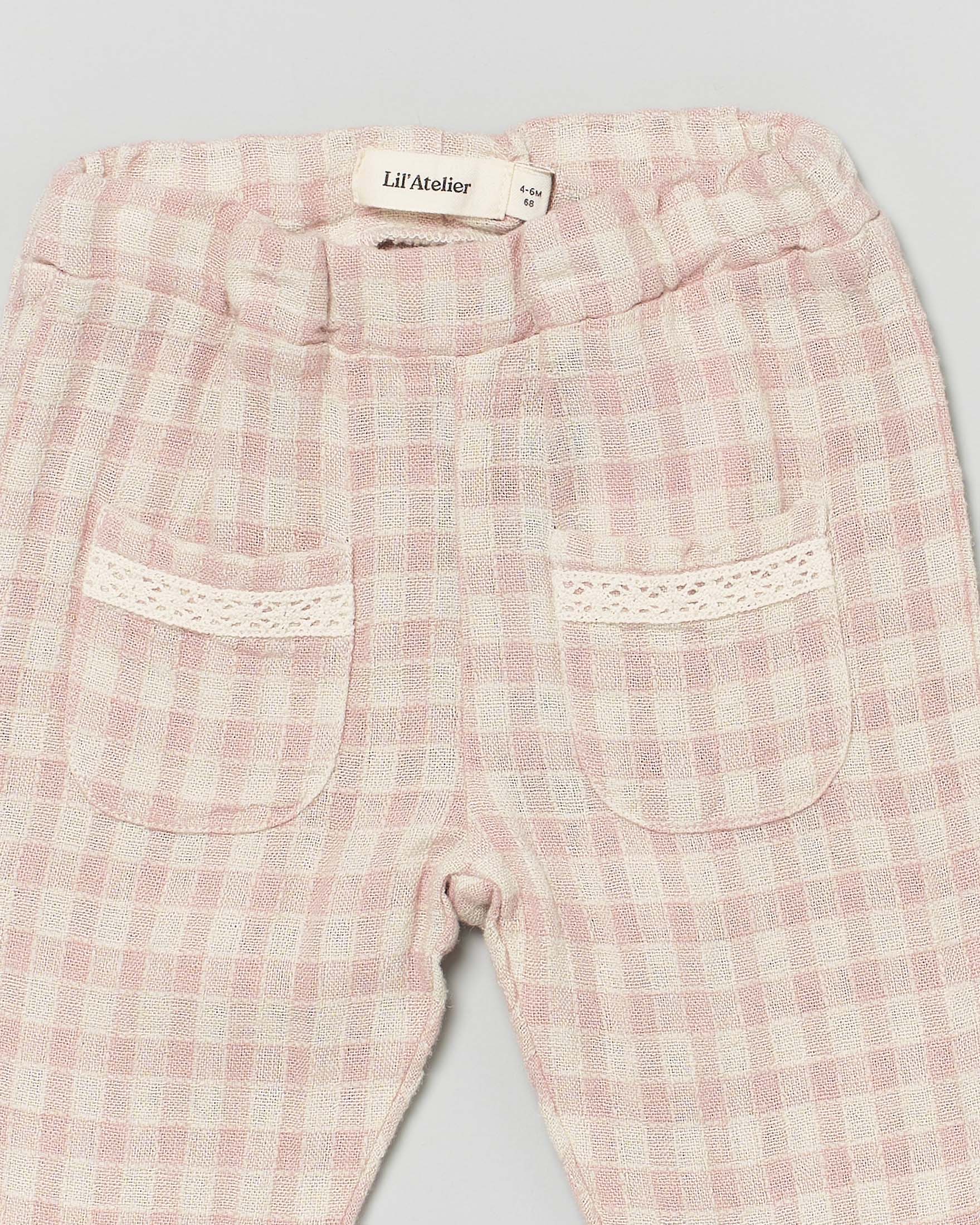 Pantalone a quadretti Lil'Atelier rosa e panna in misto lino con taschine davanti image