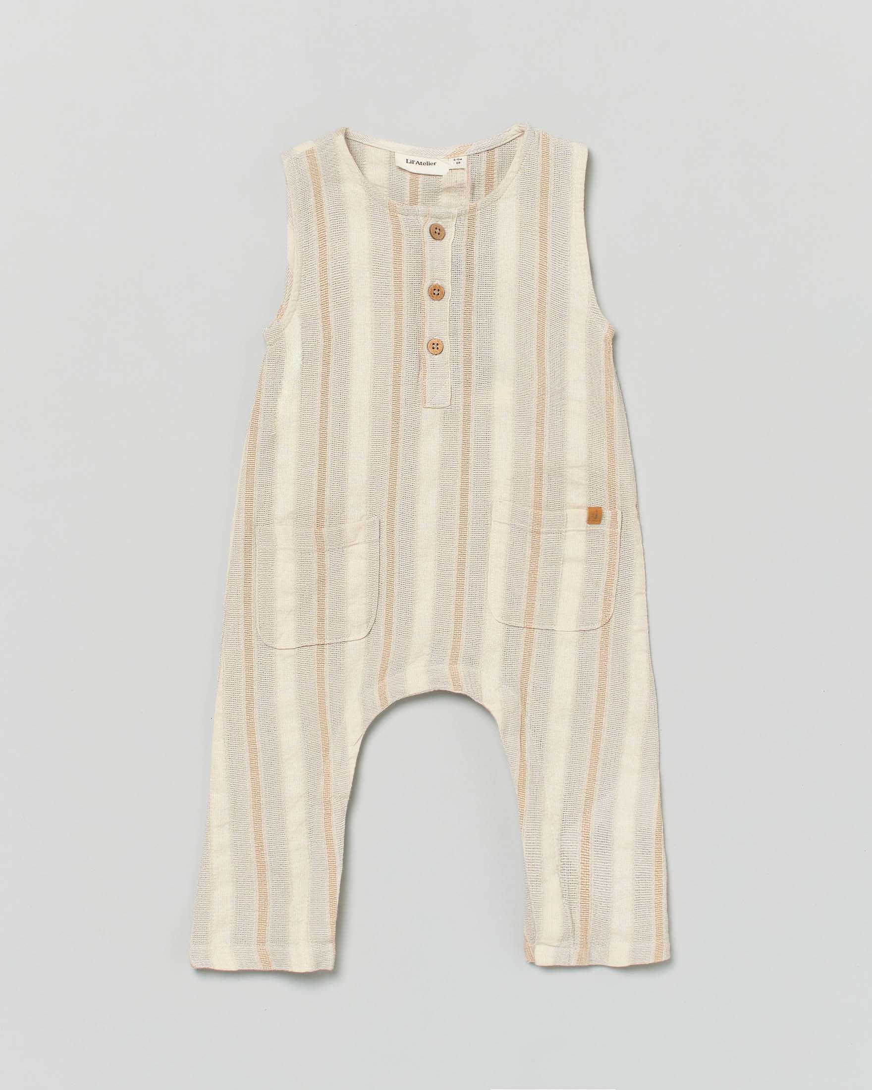 Tutina smanicata Lil'Atelier in puro cotone ecrù a righe