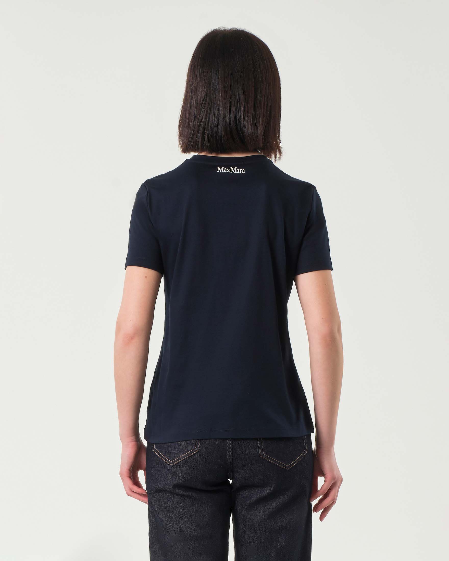 T-shirt blu dalla linea morbida in jersey di cotone con maxi fiori ricamati a contrasto di colore