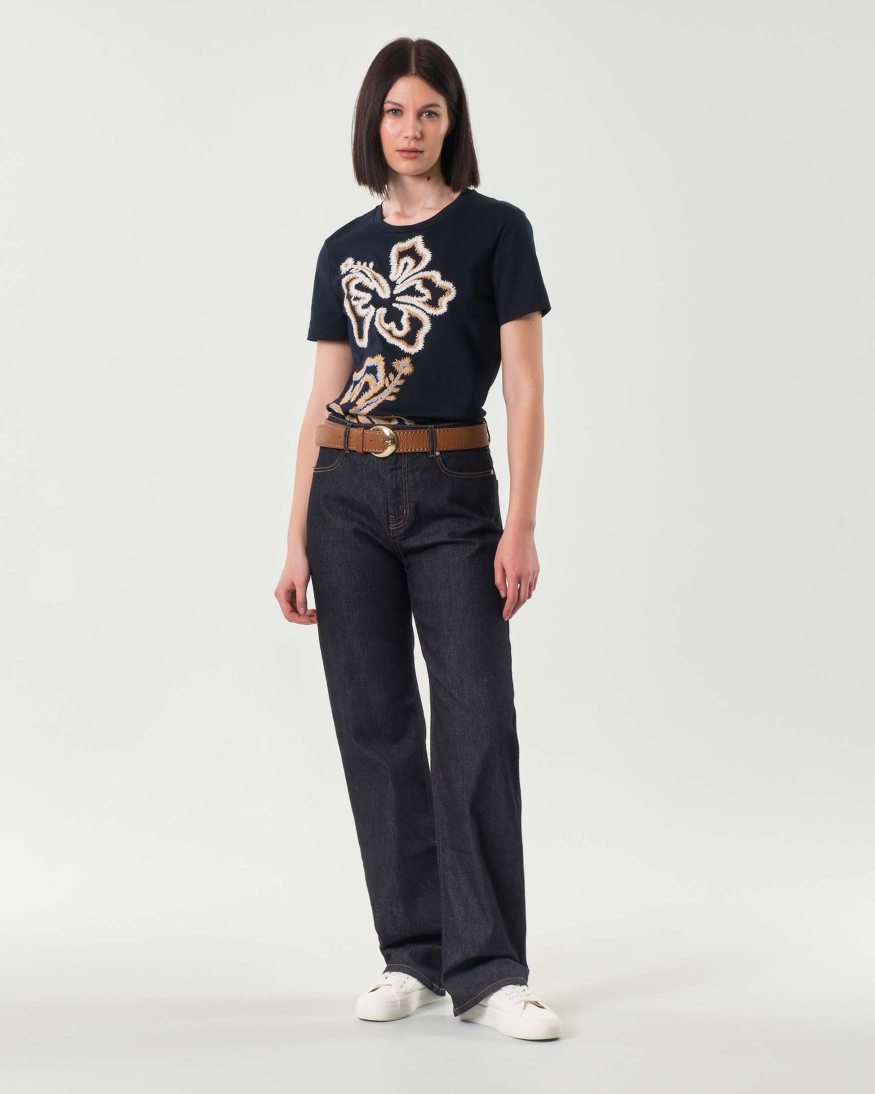 Jeans wide-leg lavaggio scuro in cotone stretch a vita alta con impunture a contrasto