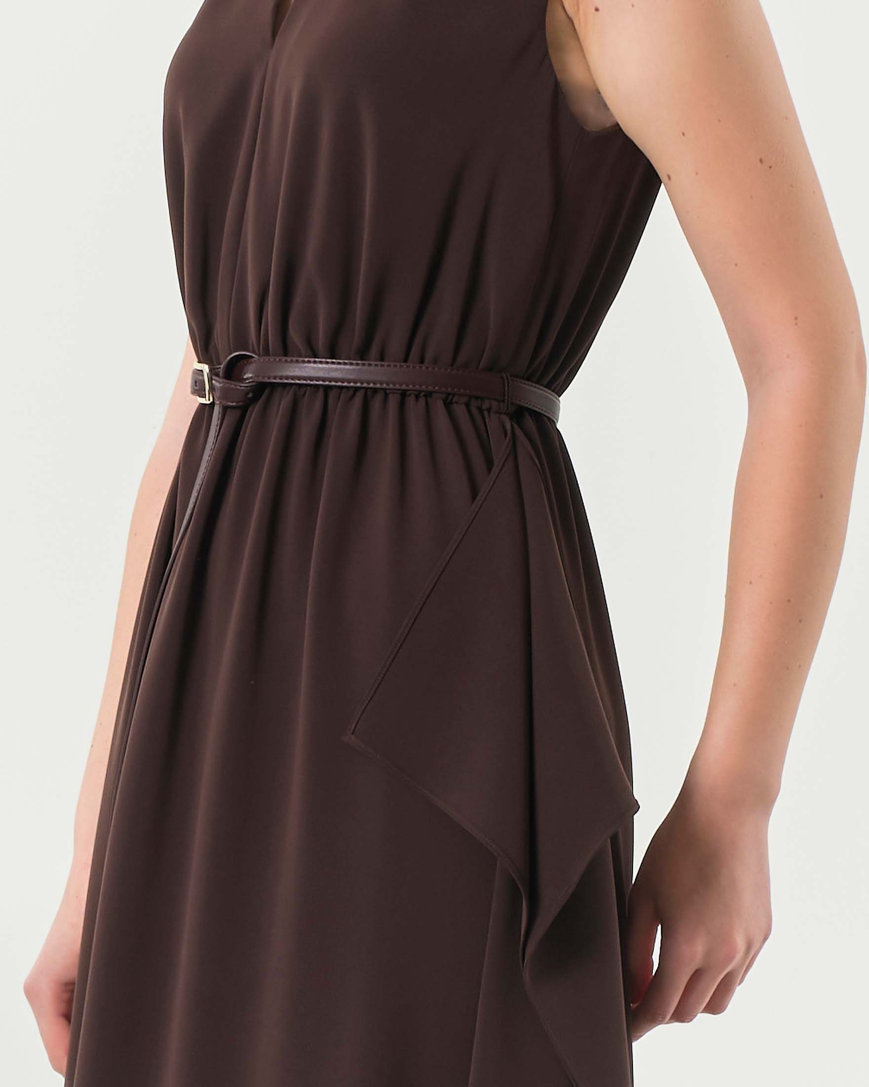 Abito longuette smanicato color testa di moro in cady con gonna a pareo e cintura coordinata image