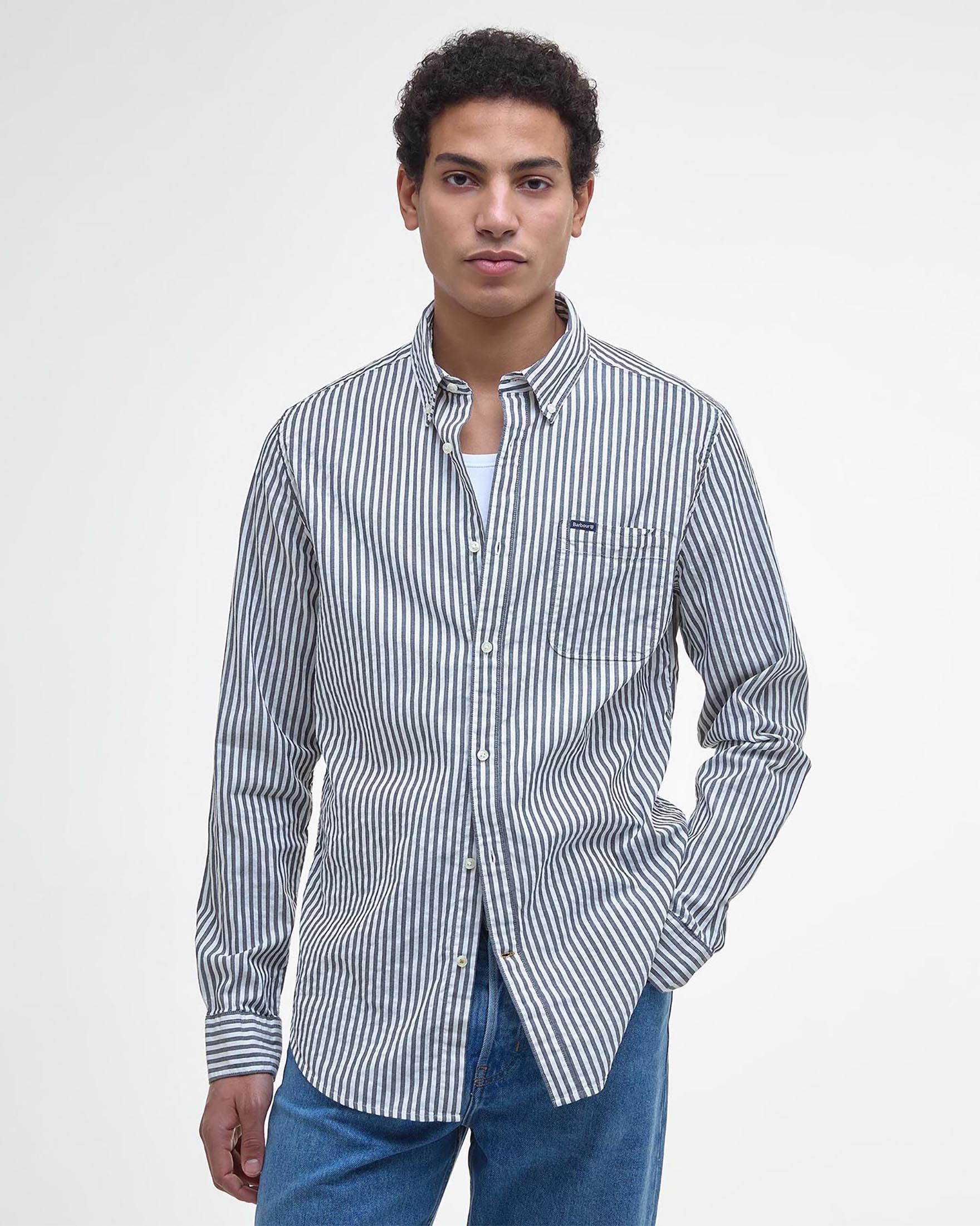 Camicia bastoncino bianca e blu in seersucker di cotone