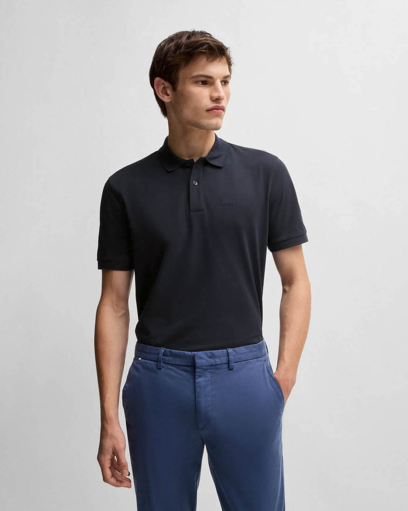 Polo Boss Pallas blu mezza manica in puro piquè di cotone tinta unita