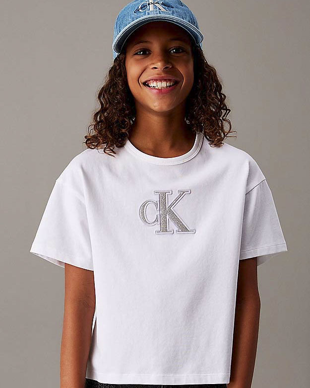 T-shirt relaxed fit bianca in cotone stretch a maniche corte con logo monogram argento