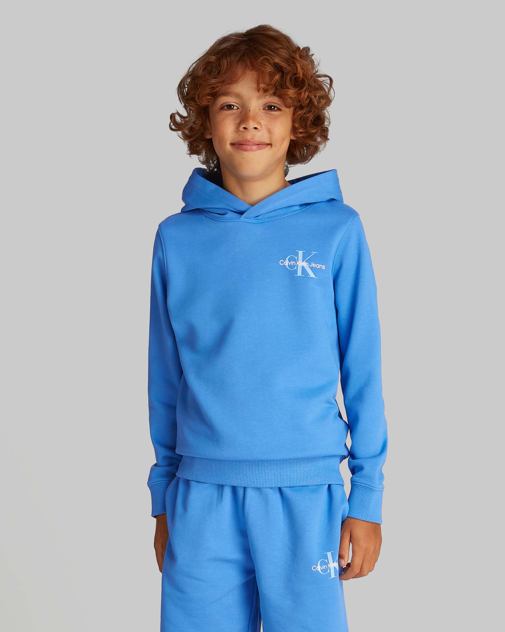 Felpa celeste in cotone a maniche lunghe con cappuccio e logo monogramma