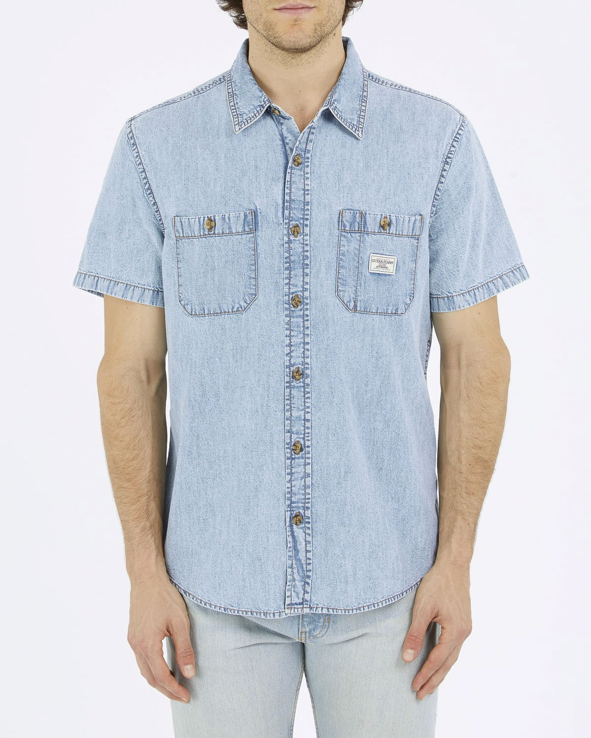 Camicia mezza manica in denim di puro cotone con taschini al petto